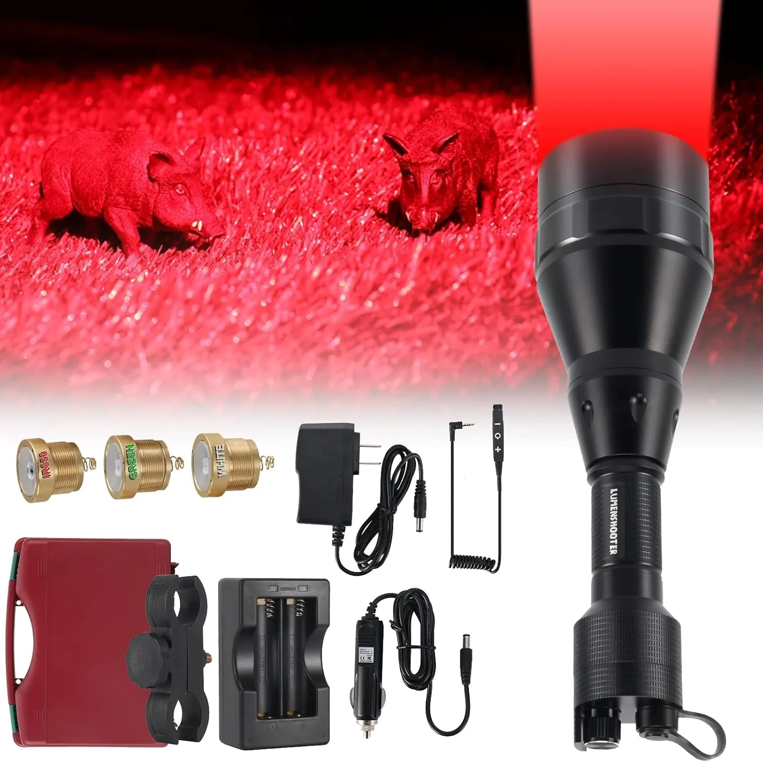 D8A 700 Yards Hunting Light Kit with Dimmable Green, Red, Infrared 850nm and White Intensity Control LED's for Predator, Coyote, Varmint & Hog