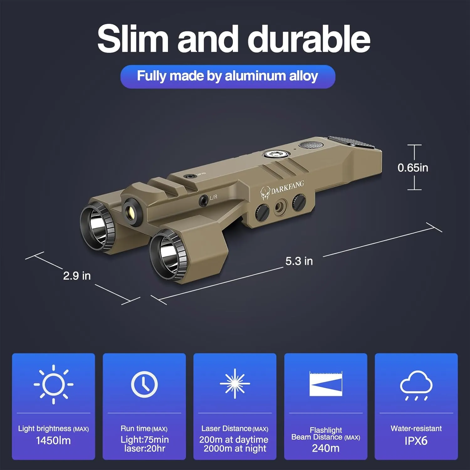 DARKFANG 1450 Lumen Tactical Flashlight with Green Laser Beam Combo, Low Profile Design Rechargeable Weapon Light for Picatinny Rail(FDE)