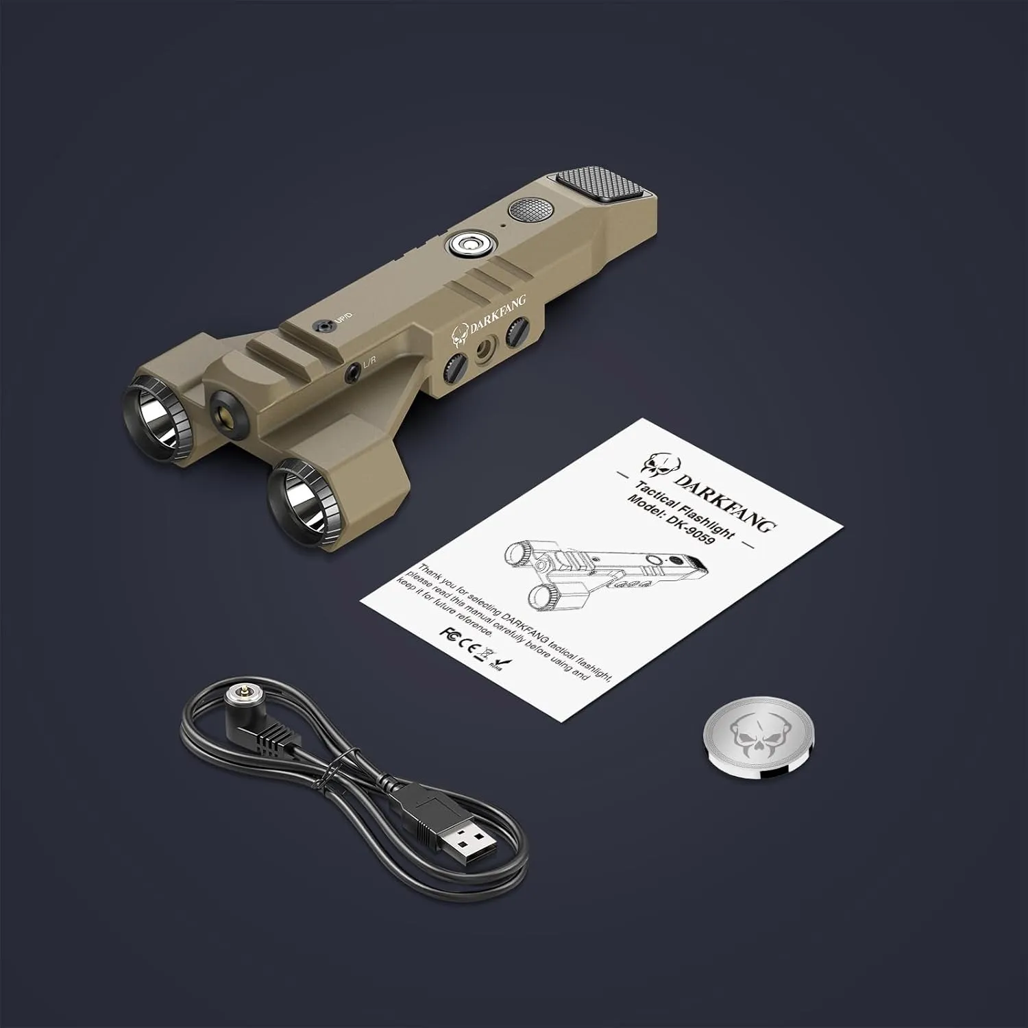 DARKFANG 1450 Lumen Tactical Flashlight with Green Laser Beam Combo, Low Profile Design Rechargeable Weapon Light for Picatinny Rail(FDE)