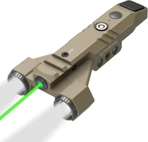 DARKFANG 1450 Lumen Tactical Flashlight with Green Laser Beam Combo, Low Profile Design Rechargeable Weapon Light for Picatinny Rail(FDE)