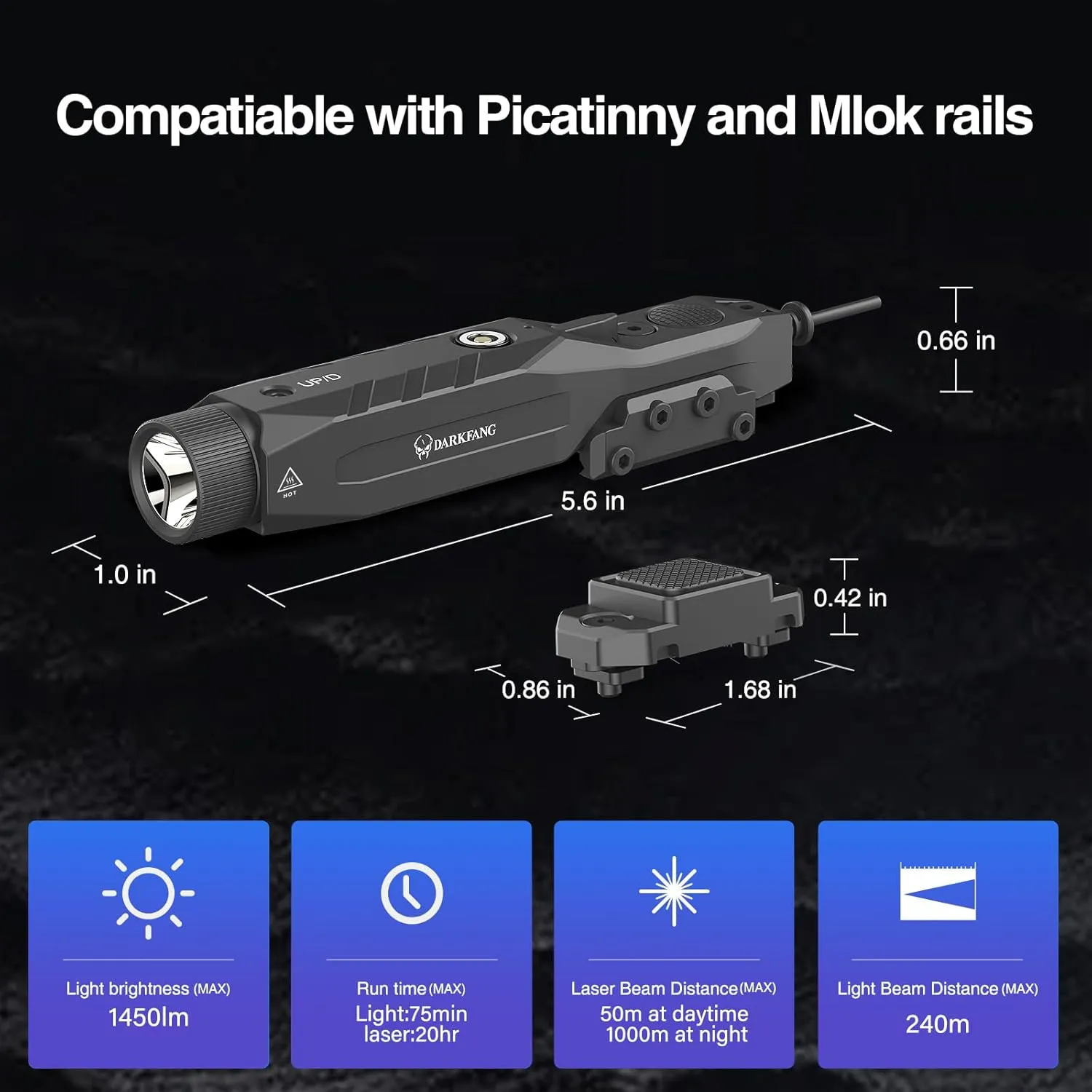 DARKFANG Mlok and Picatinny Flashlight and Red Laser Combo for Rifle, 1450 Lumen Weapon Light with Remote Pressure Switch