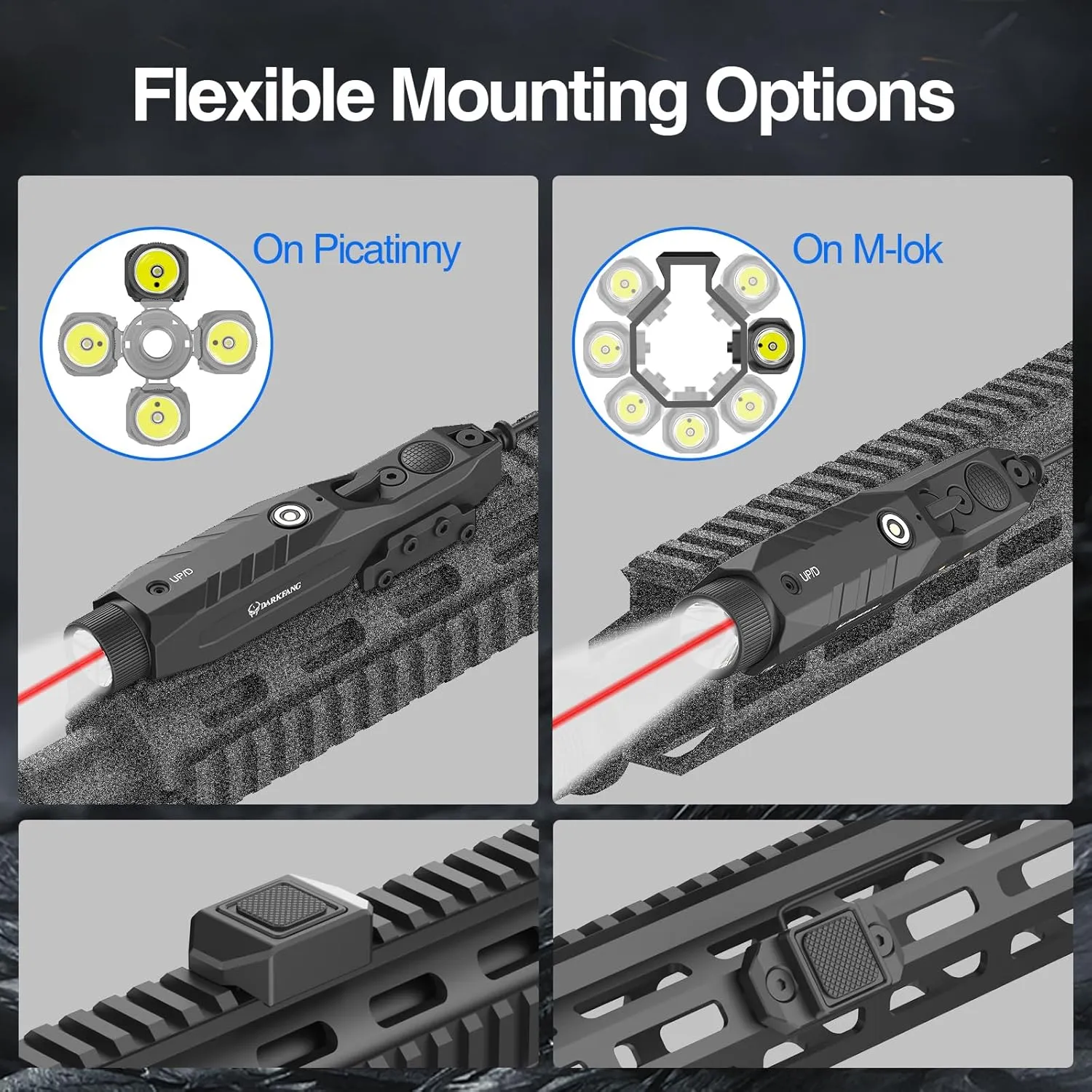 DARKFANG Mlok and Picatinny Flashlight and Red Laser Combo for Rifle, 1450 Lumen Weapon Light with Remote Pressure Switch