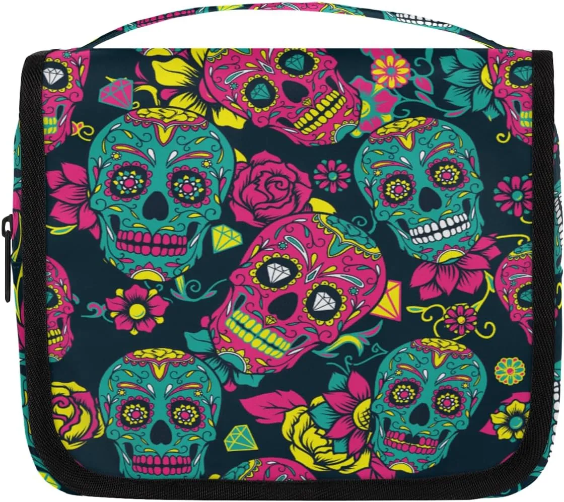 Day Of The Dead Flower Sugar Skull Toiletry Bag with Hanging Hook Travel Organizer Makeup Bag Women Waterproof Toiletries Travel Essentials Personalized Birthday Valentines Day Gifts