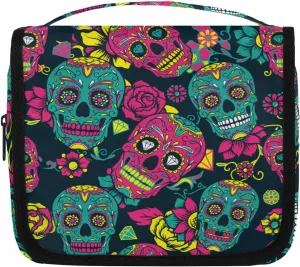 Day Of The Dead Flower Sugar Skull Toiletry Bag with Hanging Hook Travel Organizer Makeup Bag Women Waterproof Toiletries Travel Essentials Personalized Birthday Valentines Day Gifts