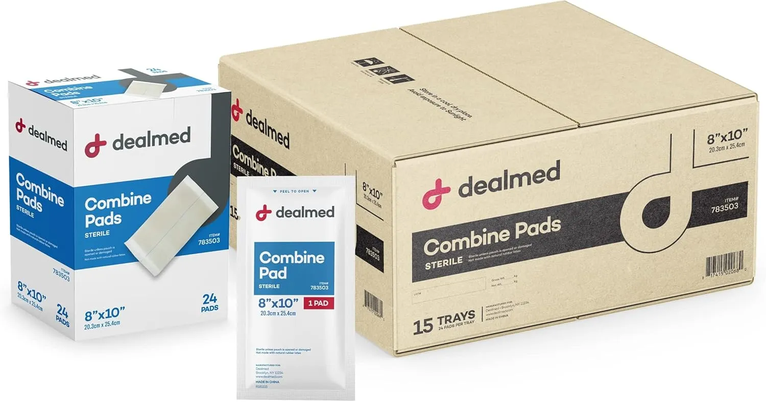 Dealmed Abdominal Combine Pads 8"x10" (8,640-Pallet) Sterile Individually Wrapped, ABD Pads, Absorbent, Non Adherent for Wound Care, Drainage, First Aid, (24/Box; 15/Case; 24/Pallet)