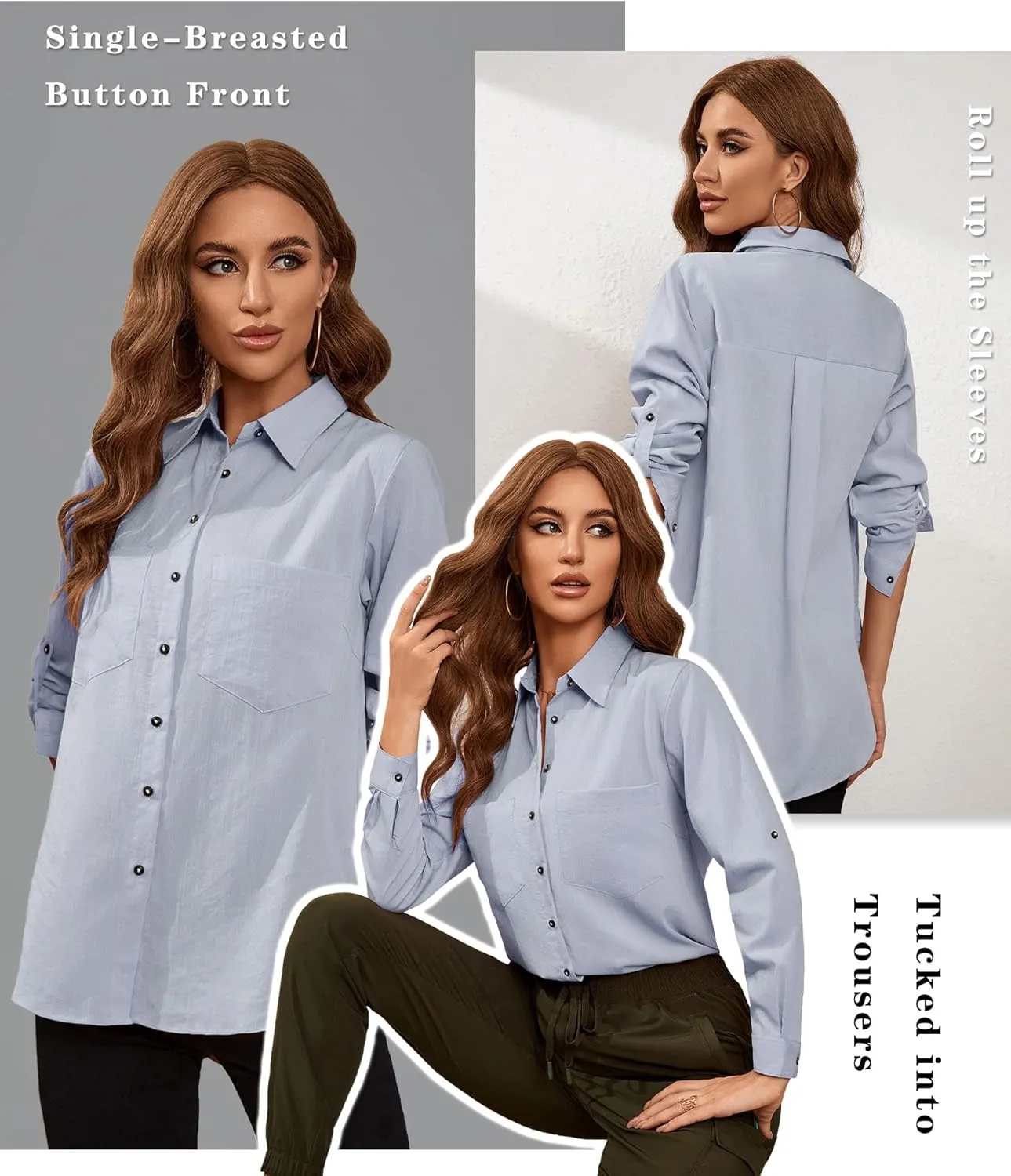 Deer Lady Womens Button Down Shirts Roll Up Long Sleeve Casual Blouse Shirts Tops
