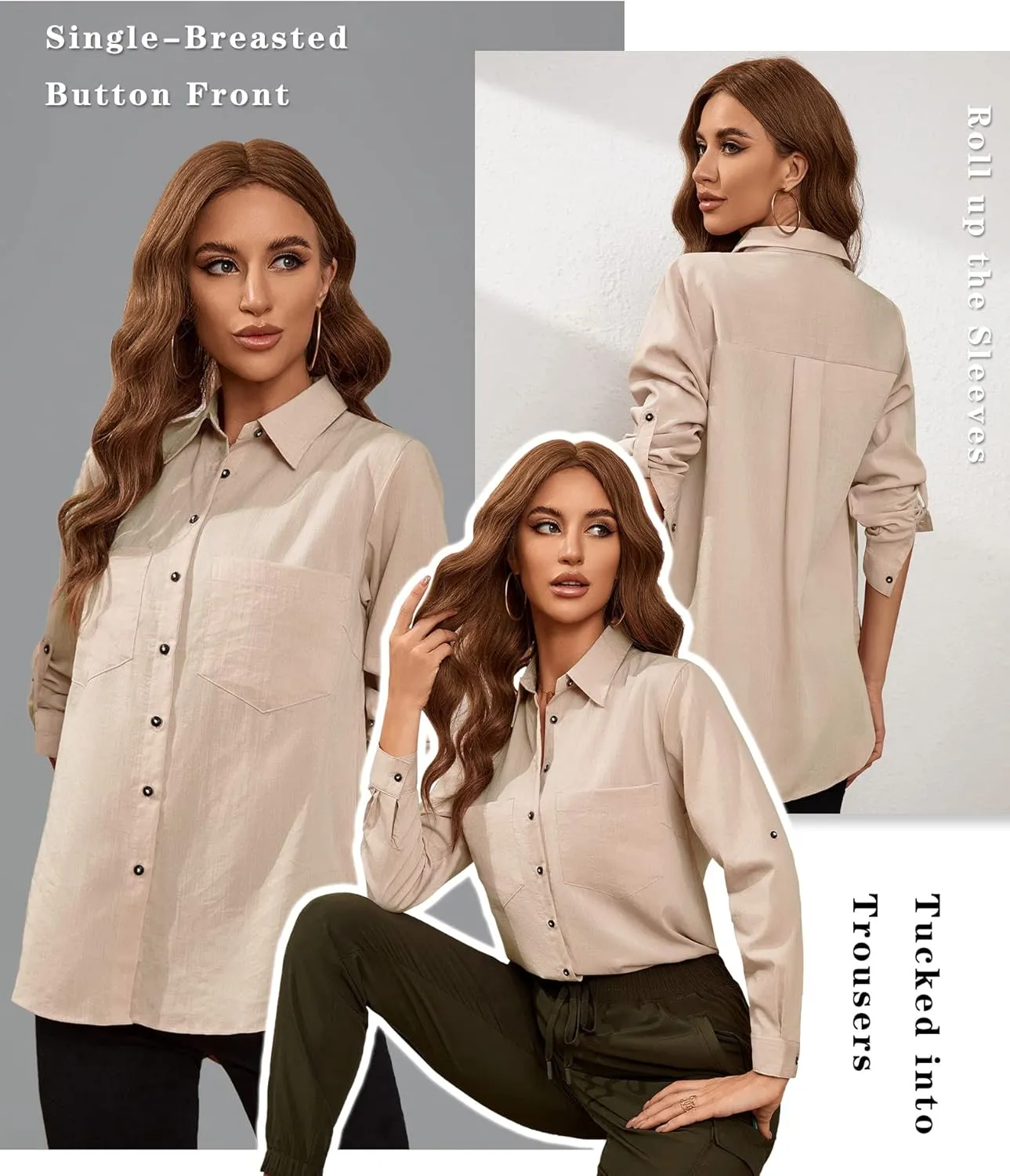 Deer Lady Womens Button Down Shirts Roll Up Long Sleeve Casual Blouse Shirts Tops