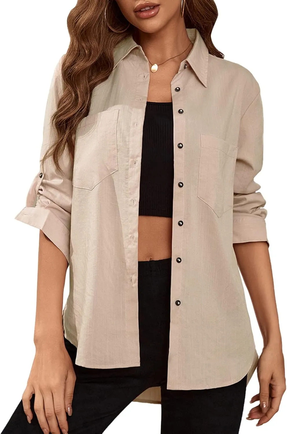 Deer Lady Womens Button Down Shirts Roll Up Long Sleeve Casual Blouse Shirts Tops