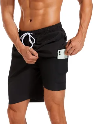 difficort Mens Swim Trunks with Compression Liner Quick Dry Bathing Suits Shorts with Zipper Pockets