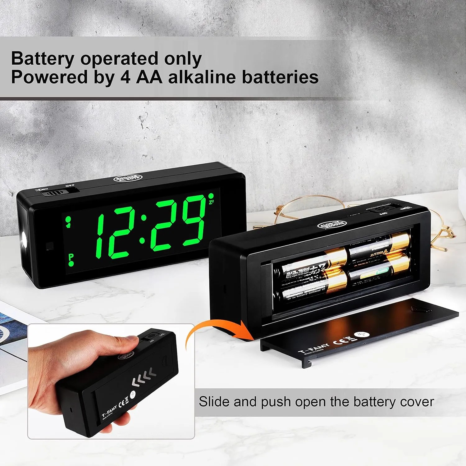 Digital Alarm Clock Battery Operated with Hybrid LED/LCD Time Display, Night Visiable, Emergency Flashlight, Small Travel Clock for Bedroom Bedside (Green Display)