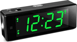 Digital Alarm Clock Battery Operated with Hybrid LED/LCD Time Display, Night Visiable, Emergency Flashlight, Small Travel Clock for Bedroom Bedside (Green Display)