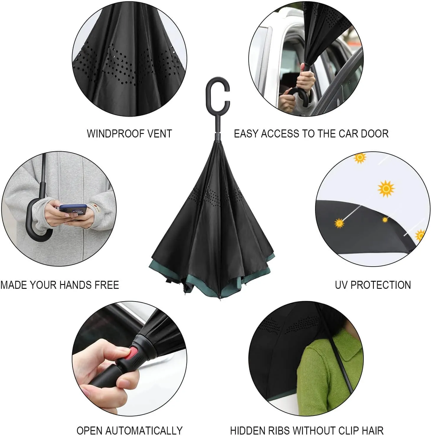 Donnapink Auto Large Inverted Rain Umbrella, Automatic Open/Close Reverse Car Umbrella Sun Protect UV Winds Rain Compact Parasol