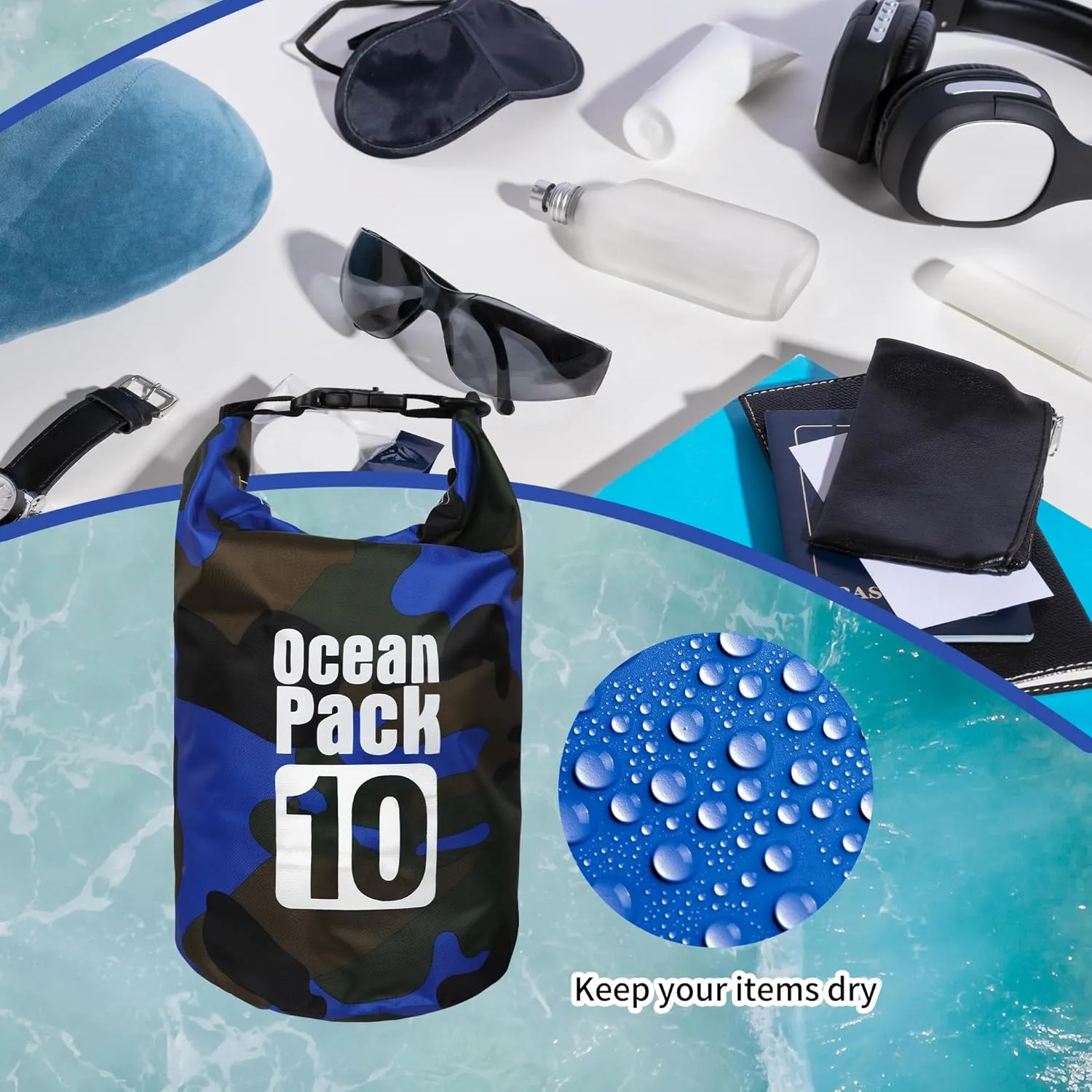 Dry Bag Waterproof for Women Men,10L Rolled Lightweight Dry Storage Bag Backpack with Phone Case for Travel,Swimming,Boating, Kayaking,Camping & Beach,Blue