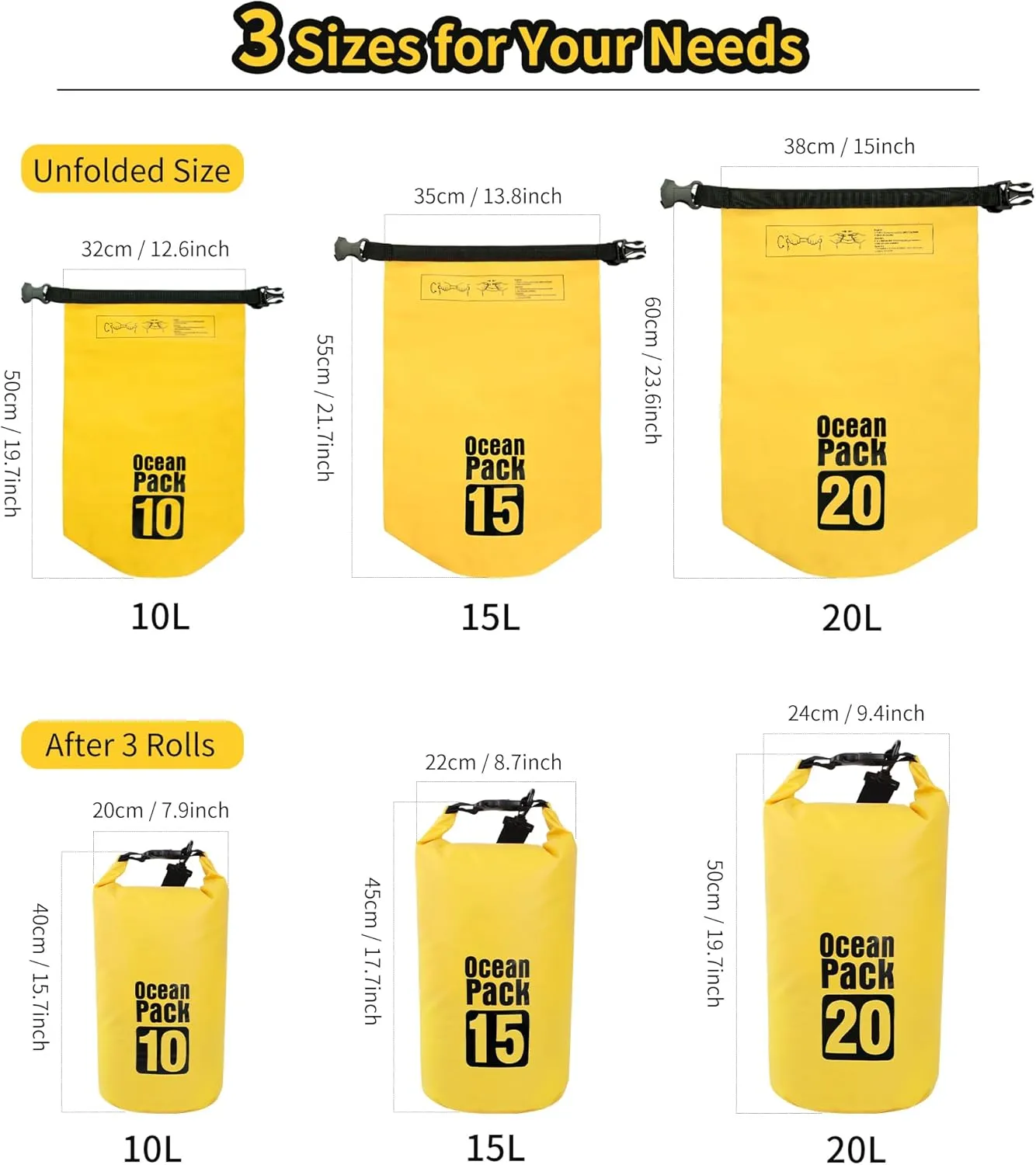 Dry Bag Waterproof for Women Men,15L Rolled Lightweight Dry Storage Bag Backpack with Phone Case for Travel,Swimming,Boating, Kayaking,Camping & Beach,Yellow