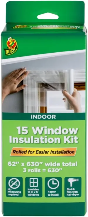 Duck Brand Winter Window Insulation Kit – Window Seal Rolled Shrink Film Covers Up to 15 3’ x 5’ Windows – Window Tape Included – Easy Indoor Installation - Clear - 15-Pack (288069)
