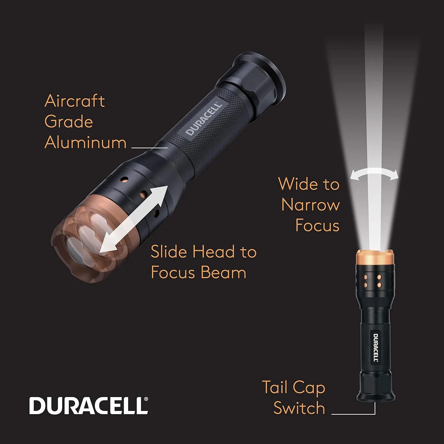 Duracell 550 Lumen Aluminum Focusing Flashlight for Everyday Use - Ultra-Light and Easy to Carry Design with 3 Modes and 3-AAA Batteries Included. Great for in-Door & Out-Door Use