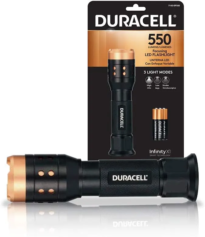 Duracell 550 Lumen Aluminum Focusing Flashlight for Everyday Use - Ultra-Light and Easy to Carry Design with 3 Modes and 3-AAA Batteries Included. Great for in-Door & Out-Door Use