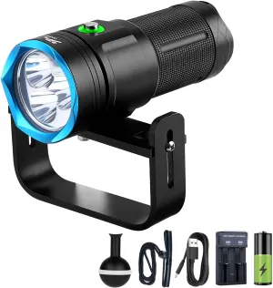 DVF06 Professional Scuba Diving Light,6000 Lumens Underwater Video Light,5 Modes LED Dive Flashlight,Rrechargeable,Power Indicator,IP68 Waterproof,with Dual-Slot Charger&2 grips(3 Battery Included)