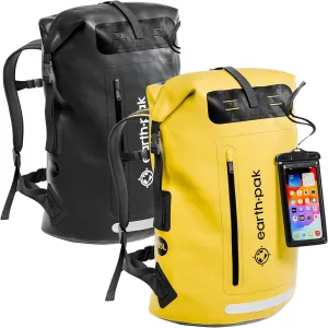Earth Pak Waterproof Backpack - Heavy Duty Roll-Top Closure with Easy Access Front-Zippered Pocket and Cushioned Padded Back Panel for Comfort with IPX8 Waterproof Phone Case