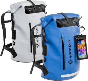 Earth Pak Waterproof Backpack - Heavy Duty Roll-Top Closure with Easy Access Front-Zippered Pocket and Cushioned Padded Back Panel for Comfort with IPX8 Waterproof Phone Case