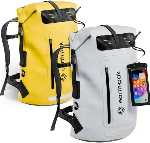 Earth Pak Waterproof Backpack - Heavy Duty Roll-Top Closure with Easy Access Front-Zippered Pocket and Cushioned Padded Back Panel for Comfort with IPX8 Waterproof Phone Case