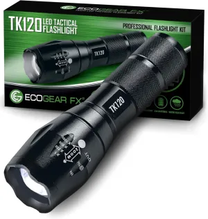 EcoGear FX Complete LED Tactical Flashlight Kit TK120 Flashlight with Rechargeable Battery: High Lumens with 5 Light Modes, Water Resistant, Adjustable Focus Zoom