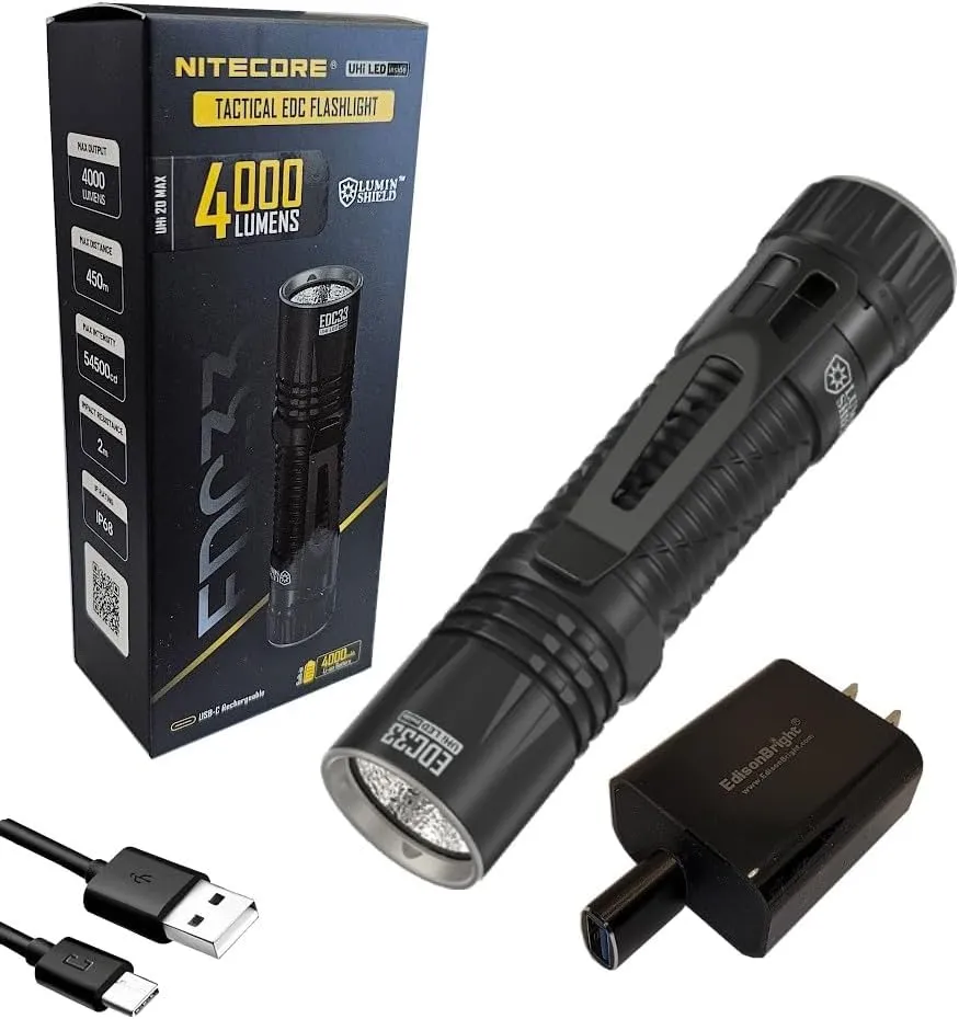 EdisonBright Nitecore EDC33 4000 Lumen LED USB-C Rechargeable Powerful Tactical Flashlight, Battery, Paracord Lanyard Charging Adapter