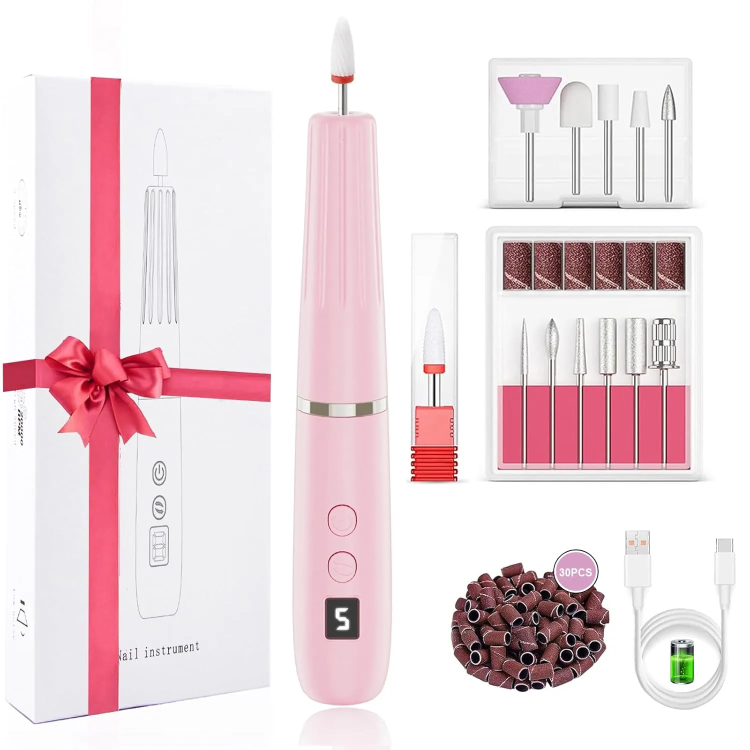 Electric Nail Filer, Professional Nail Drill Kit, Electric Nail Drill Kit, Portable File for Acrylic Gel Nails, Cordless Nail File Electric Manicure Pedicure Tools with Drill Bits for Home Salon