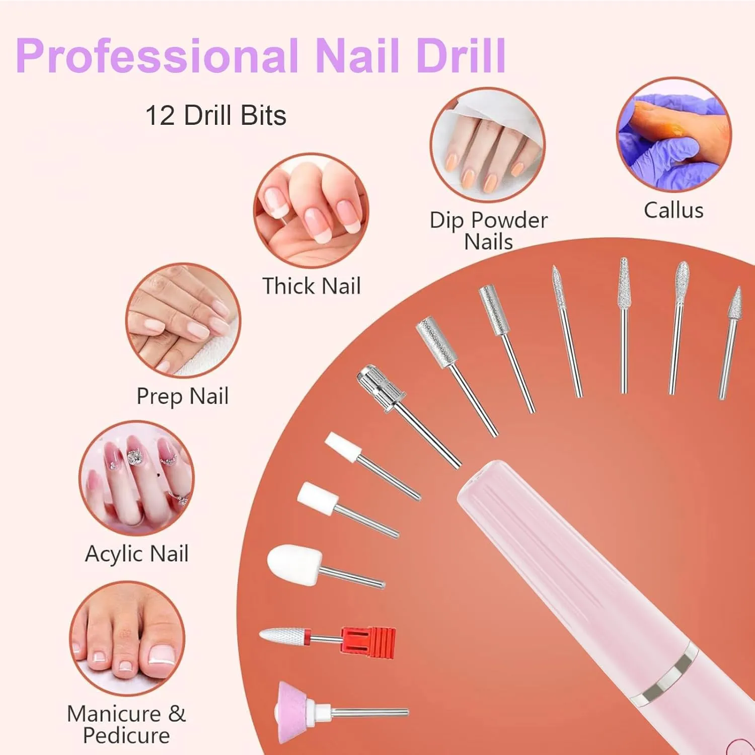 Electric Nail Filer, Professional Nail Drill Kit, Electric Nail Drill Kit, Portable File for Acrylic Gel Nails, Cordless Nail File Electric Manicure Pedicure Tools with Drill Bits for Home Salon