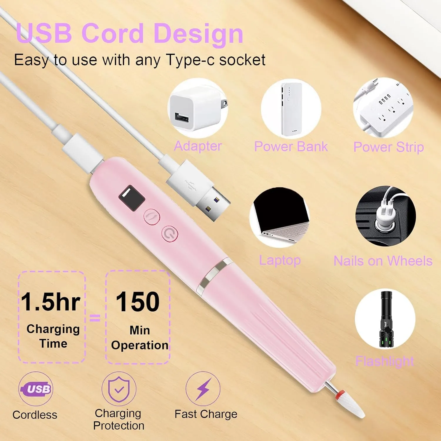 Electric Nail Filer, Professional Nail Drill Kit, Electric Nail Drill Kit, Portable File for Acrylic Gel Nails, Cordless Nail File Electric Manicure Pedicure Tools with Drill Bits for Home Salon