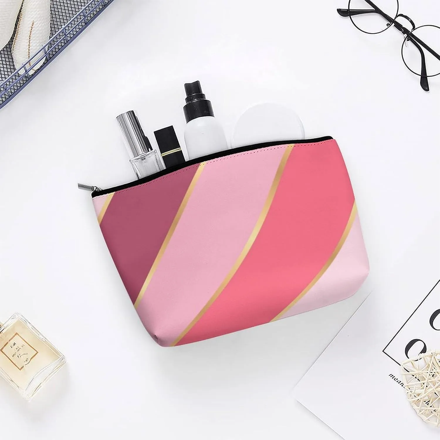 Elegant Makeup Bag, Coral Red Blush Pink Gold Stripes Cosmetic Bag Large Capacity Pouch Portable Organizer for Men & Women