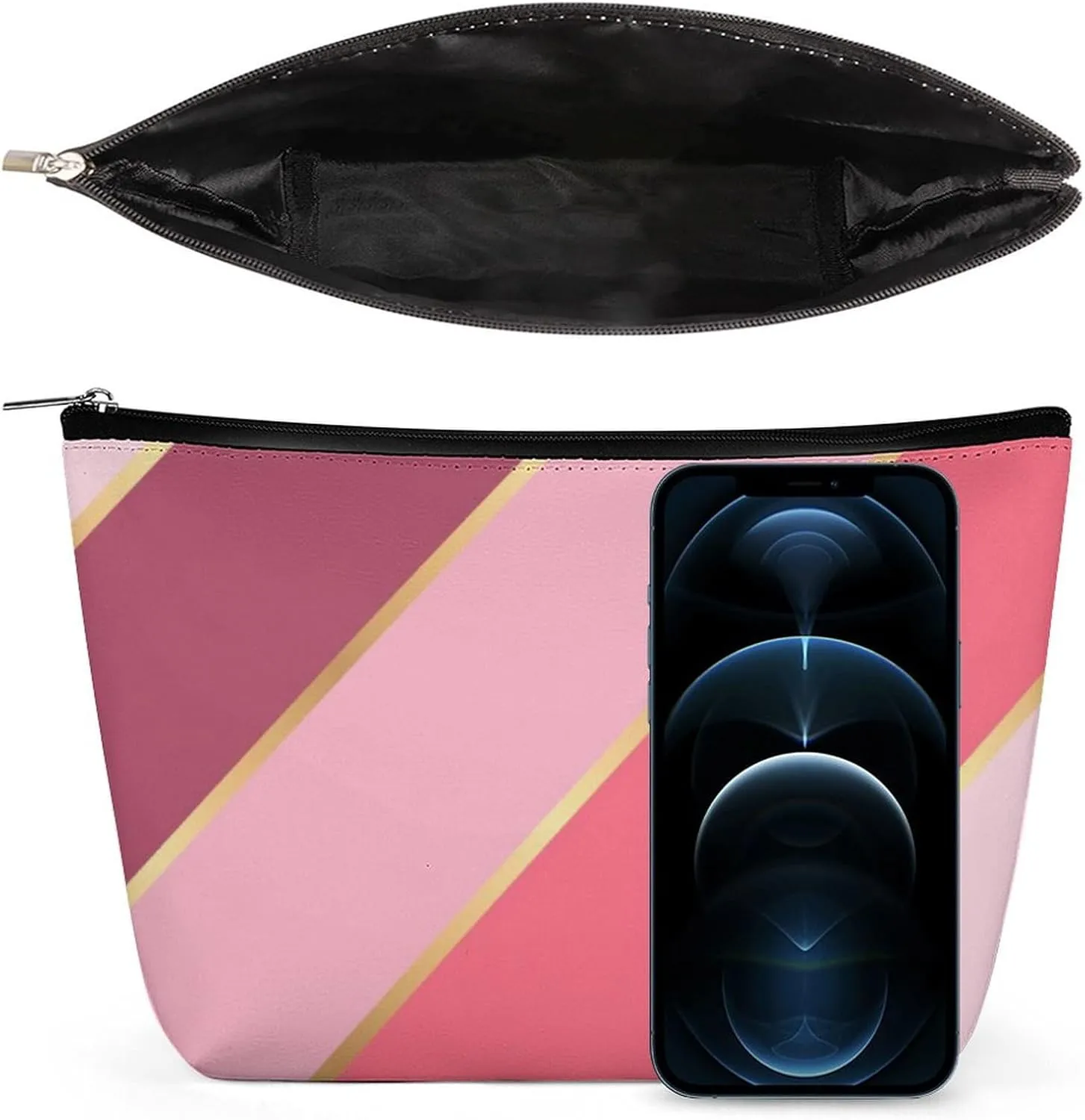 Elegant Makeup Bag, Coral Red Blush Pink Gold Stripes Cosmetic Bag Large Capacity Pouch Portable Organizer for Men & Women