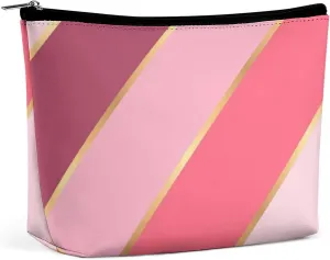 Elegant Makeup Bag, Coral Red Blush Pink Gold Stripes Cosmetic Bag Large Capacity Pouch Portable Organizer for Men & Women