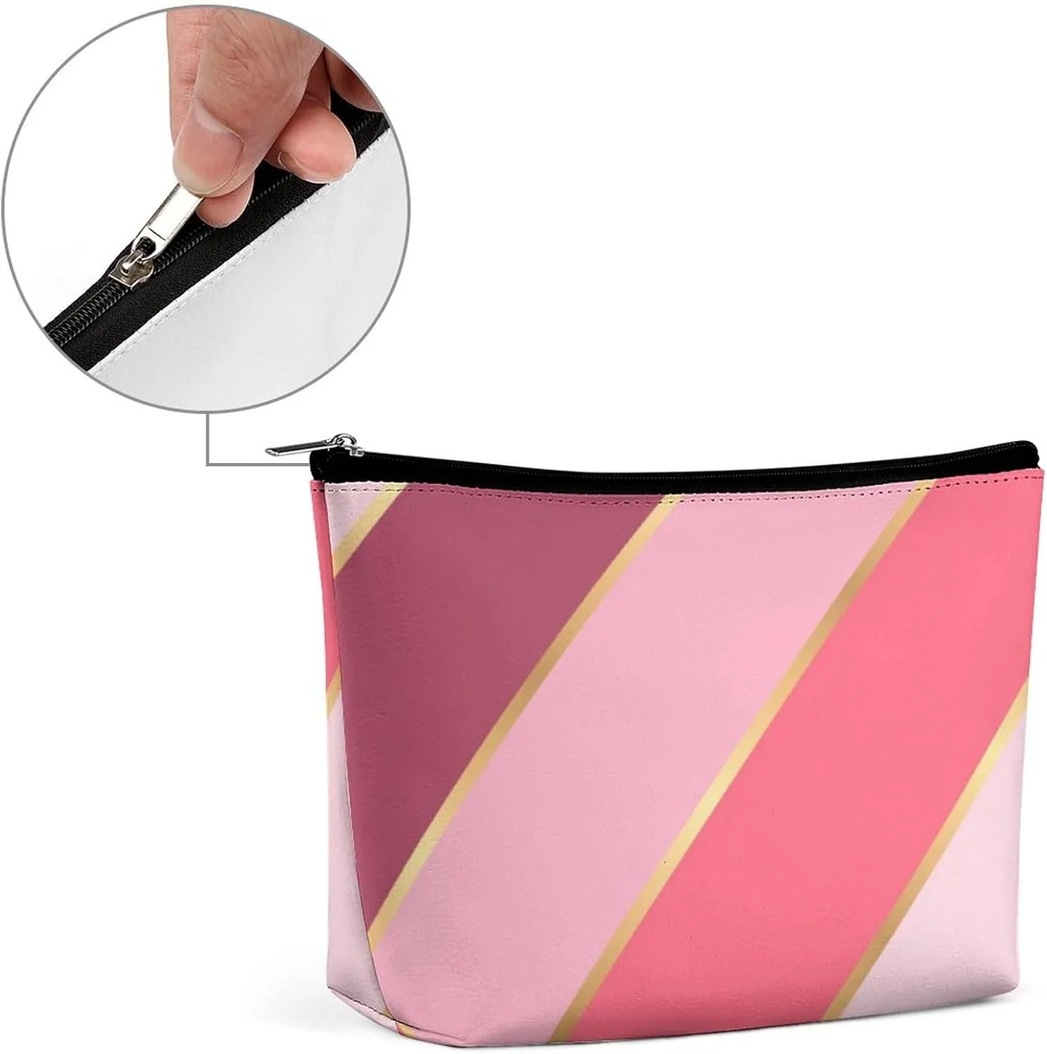 Elegant Makeup Bag, Coral Red Blush Pink Gold Stripes Cosmetic Bag Large Capacity Pouch Portable Organizer for Men & Women