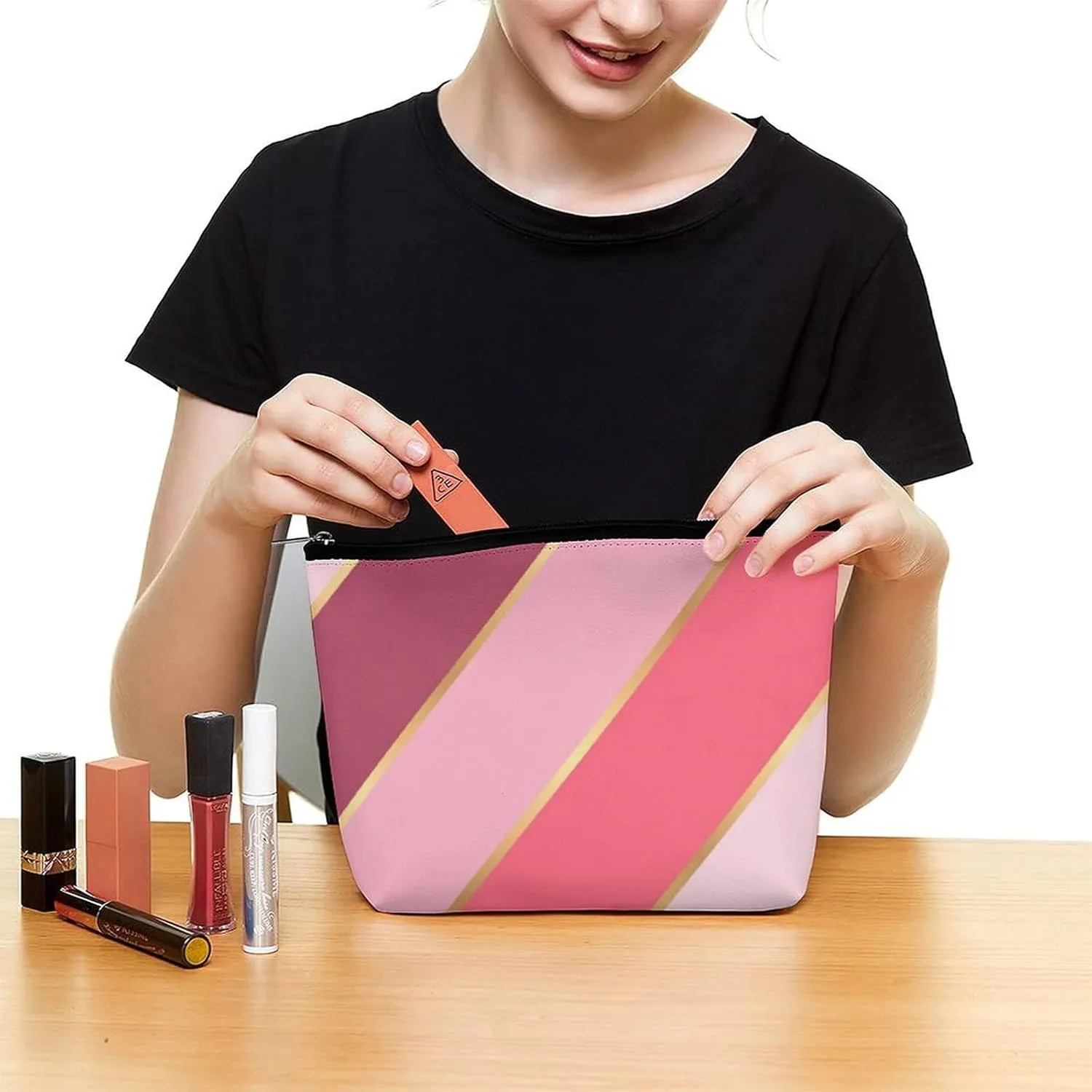 Elegant Makeup Bag, Coral Red Blush Pink Gold Stripes Cosmetic Bag Large Capacity Pouch Portable Organizer for Men & Women