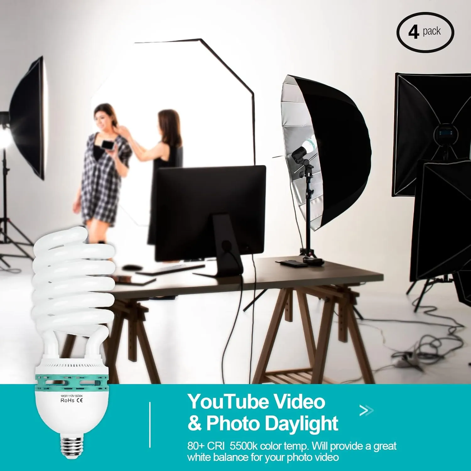 EMART Full Spectrum Light Bulb, 105W Spiral CFL 5500k Daylight for Softbox Lighting Kit, Replacement Lamp for Photography Photo Video Studio, Household Use, Portrait Shooting -4PACK