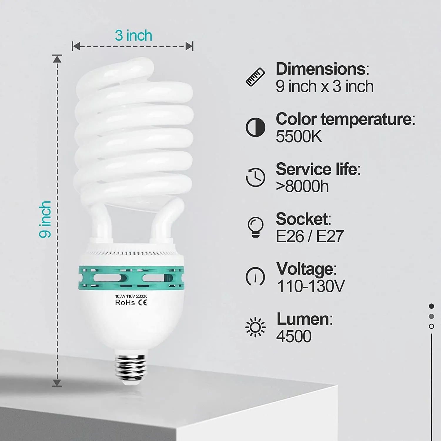 EMART Full Spectrum Light Bulb, 105W Spiral CFL 5500k Daylight for Softbox Lighting Kit, Replacement Lamp for Photography Photo Video Studio, Household Use, Portrait Shooting -4PACK