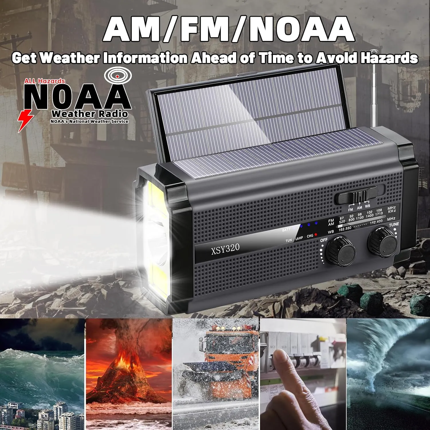 Emergency Crank Weather AM/FM Radio with 2 Solar Panels 5 Charging Modes NOAA Weather Scan 3 Modes Flashlight Cell Phone Charger SOS Alarms for Home Outdoor (Gray)