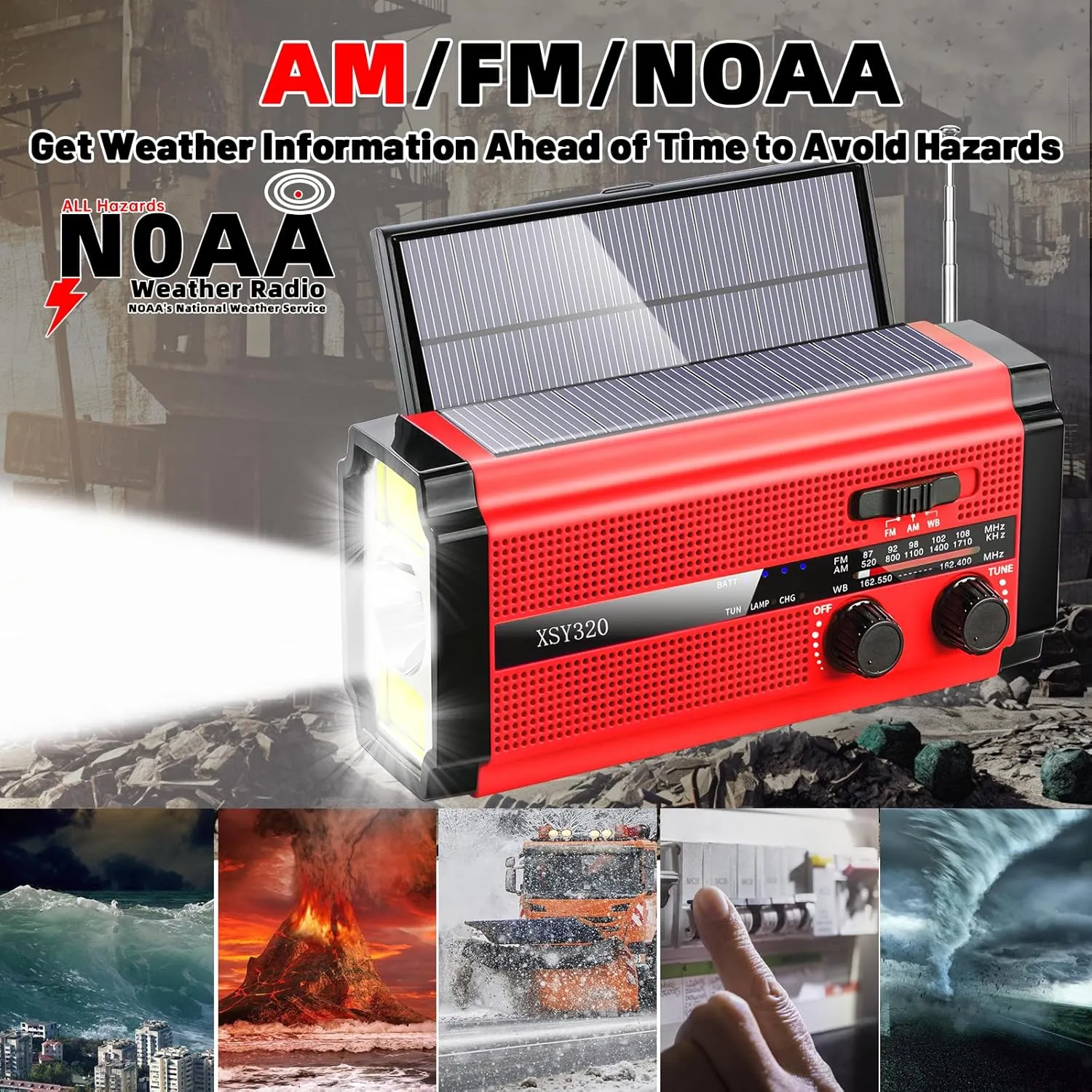 Emergency Crank Weather AM/FM Radio with 2 Solar Panels Weather Radio Portable Radio, 5 Charging Modes SOS Siren 3 ModesFlashlightCell Phone ChargerReading Light (Red)