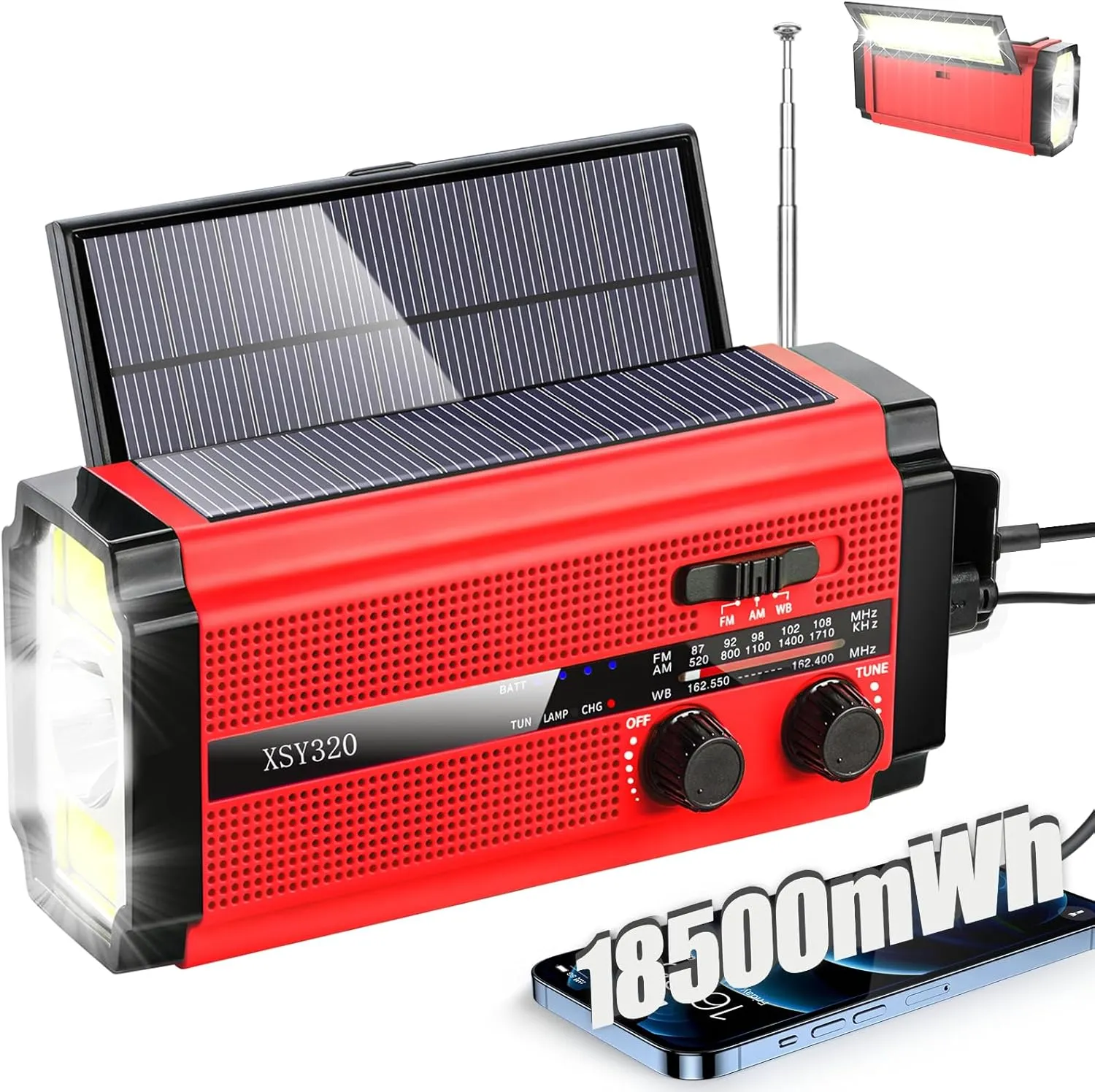 Emergency Crank Weather AM/FM Radio with 2 Solar Panels Weather Radio Portable Radio, 5 Charging Modes SOS Siren 3 ModesFlashlightCell Phone ChargerReading Light (Red)