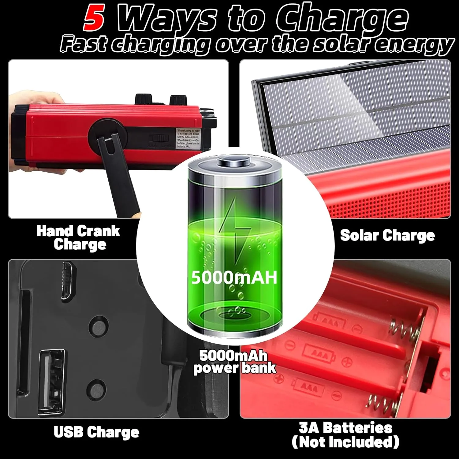 Emergency Crank Weather AM/FM Radio with 2 Solar Panels Weather Radio Portable Radio, 5 Charging Modes SOS Siren 3 ModesFlashlightCell Phone ChargerReading Light (Red)