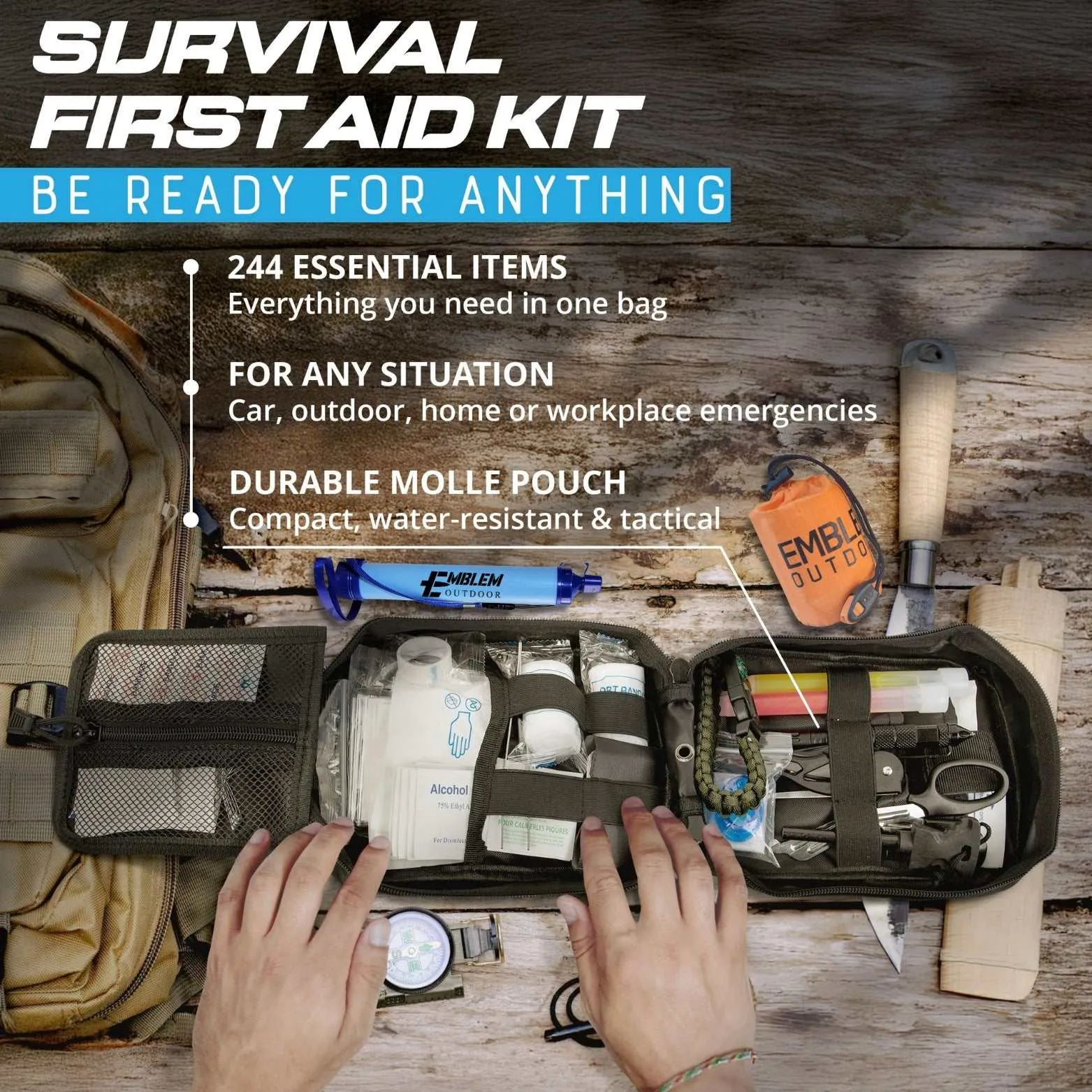 Emergency Survival Kit | 244 Pieces | MOLLE system tactical bag | First Aid