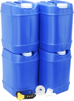 Emergency Water Storage Containers - 5 Gallon Each Water Storage Tank w/Lids   Spigot - Water Storage Container, Emergency Water Container, Survival Storage Tank - Stackable (20 Gallons (4 Tanks))
