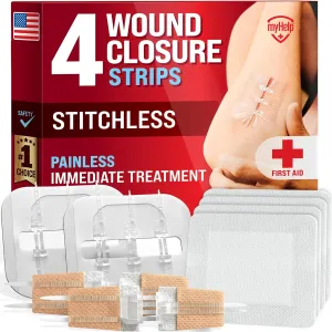 Emergency Wound Closure Strips - 4pk - 2 Types Laceration Closure Kit - Stitchless & Easy to Use - Butterfly Bandages
