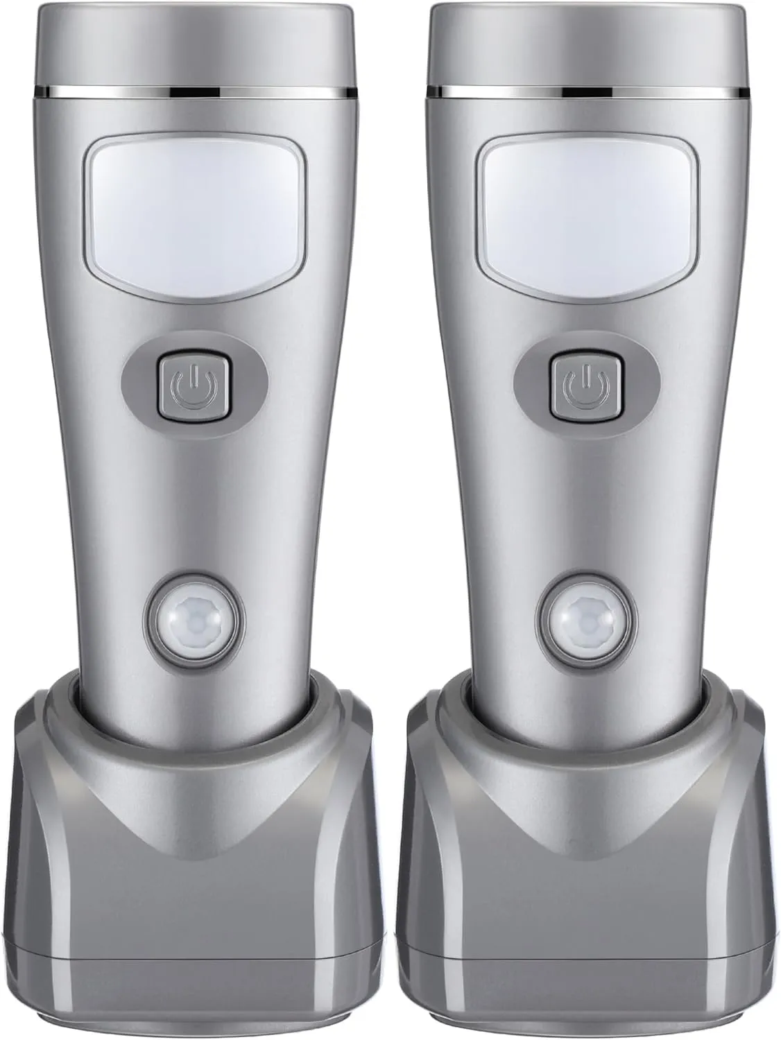 Enhon 4 in 1 LED Rechargeable Plug in Flashlights, 2 Pack LED Emergency Lights for Home Power Failure, Plug in Power Outage Light, Power Failure Light with Motion Detection (Silver)