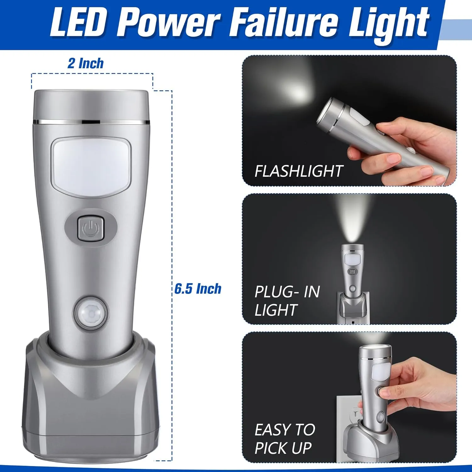 Enhon 4 in 1 LED Rechargeable Plug in Flashlights, 6 Pack LED Emergency Lights for Home Power Failure Emergency, Plug in Power Outage Light, Power Failure Light with Motion Detection (Silver)
