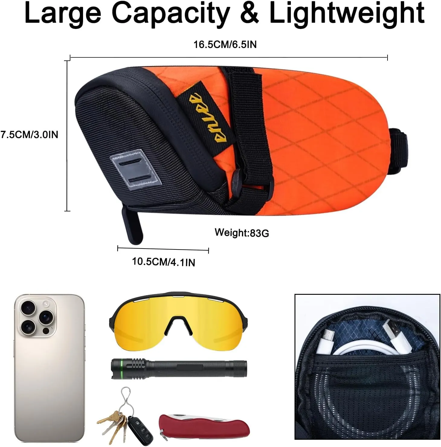 ENLEE Bike Seat Bag Waterproof Bicycle Bags Reflective Under Seat Foldable Bike Accessories, Under Seat Bike Bag Pouch, For Mountain/Road Bike Orange