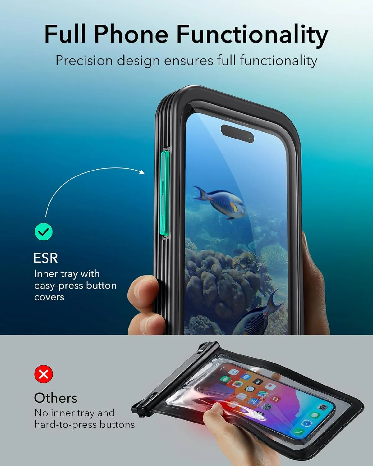ESR Waterproof Phone Pouch for iPhone 15 Pro / 14 Pro / 13 Pro, Underwater Touch Sensitivity, IPX8 Floating Waterproof Cellphone Case with Lanyard, Dry Bag for Snorkeling, Black, 2 Pack