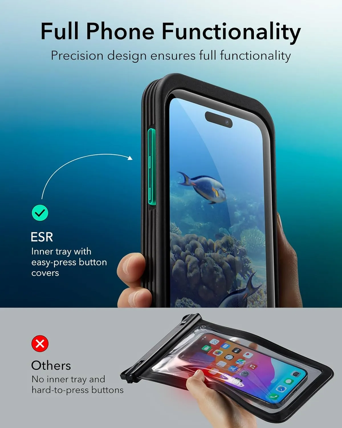 ESR Waterproof Phone Pouch for iPhone 15 Pro Max /14 Pro Max, Underwater Touch Sensitivity, IPX8 Floating Waterproof Cellphone Case with Lanyard, Dry Bag for Snorkeling, Black, 2 Pack