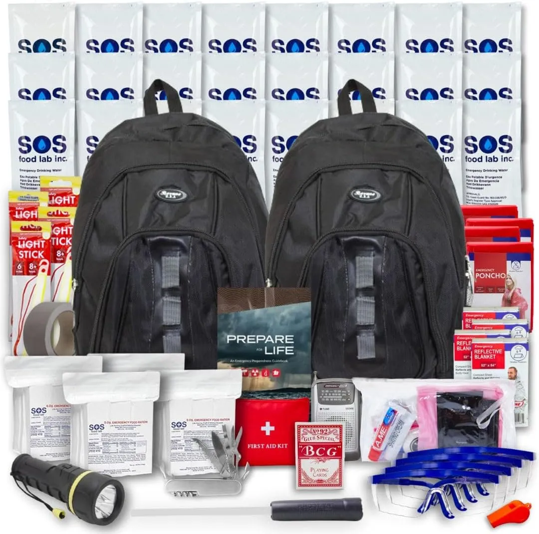 Essentials Complete Deluxe Survival Kit 2 & 4 Person | Bug-Out-Bag | Emergency Go Bag Kit for Wildfires, Hurricanes, and Other Natural Disasters